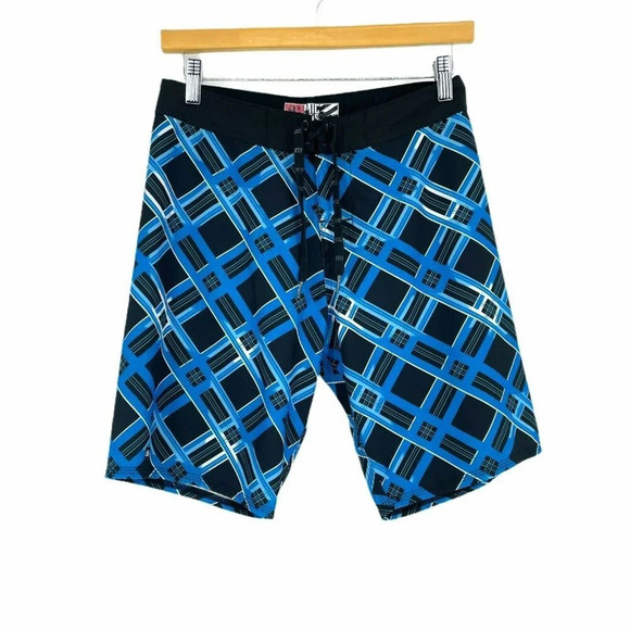 Micros Shorts Boy's Sz 14 Swim Trunks Drawstring Pocket Casual Plaid Blue Black - Picture 1 of 8